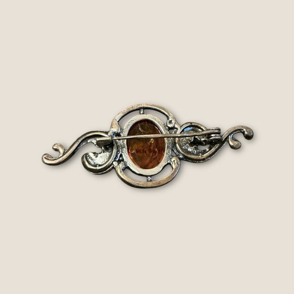 Vintage Estate Sterling Silver Brooch With Amber Cabochon - Picture 3 of 4